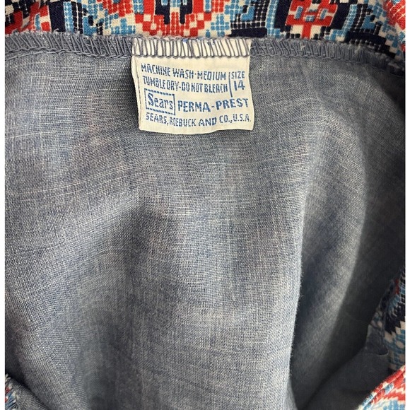 Vintage 60s Sears Perma Prest Blue Chambray Shirt Red White Blue Bandana Tie Top - Picture 6 of 6